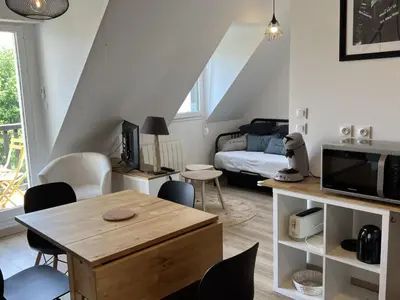 Cuisine ou kitchenette dans l'établissement Accès direct plage, T3 mezzanine, 4 pers, balcon, parking, proche thalasso à Cabourg - FR-1-487-357