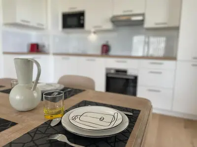 Cuisine ou kitchenette dans l'établissement Presqu'île, appartement neuf avec balcon, salle de gym et parking