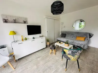 Télévision ou salle de divertissement dans l'établissement Charmant 2 pièces, balcon, proche centre-ville Cabourg, 4 pers, parking sécurisé - FR-1-487-360