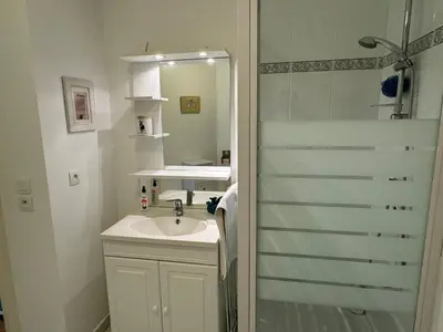 Salle de bains dans l'établissement Appartement Moderne T2, Rez-de-Jardin, Proche Plage et Centre Ville, Parking, Wifi, Animaux Acceptés - FR-1-487-362