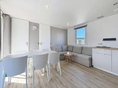 Télévision ou salle de divertissement dans l'établissement Mobil-home confort 3 ch, piscine chauffée, 200m plage, parking, WiFi, animaux admis - FR-1-361A-72