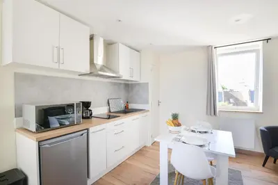 Cuisine ou kitchenette dans l'établissement Le Haut de la Roseraie - Studio avec vue mer