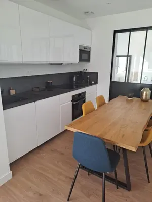 Cuisine ou kitchenette dans l'établissement Appartement 2-3 personnes résidence les mimosas Port-Mer Cancale