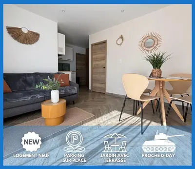 Coin salon dans l'établissement Champ de blé Apt neuf indépendant plain pied dans maison contemporaine décoration soignée tout confort terrasse aménagée, grand terrain parking privé à 15 mn de Caen et 10 mn deBayeux proche plages du débarquement