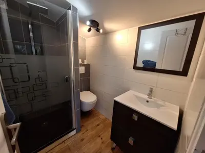 Salle de bains dans l'établissement Chalet dans jardin privatif