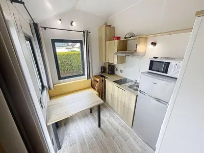 Cuisine ou kitchenette dans l'établissement Séjour en Tiny House à Jullouville, piscine et parking inclus - FR-1-361A-95