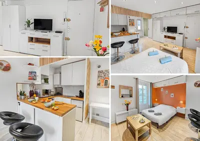 Cuisine ou kitchenette dans l'établissement studio lumineux et moderne
