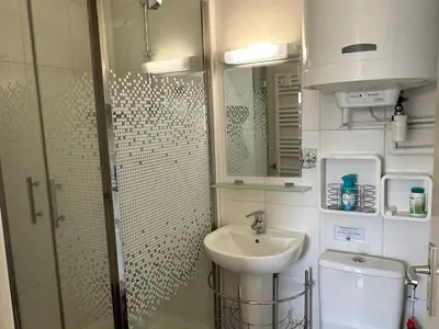Salle de bains dans l'établissement Appartement 2 pièces accès direct plage, animaux acceptés, Wifi - FR-1-487-378