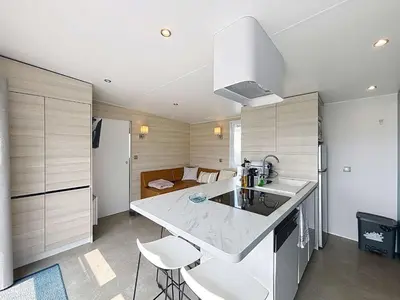 Cuisine ou kitchenette dans l'établissement Mobil-home moderne 3 chambres, terrasse, animaux admis - FR-1-361A-97