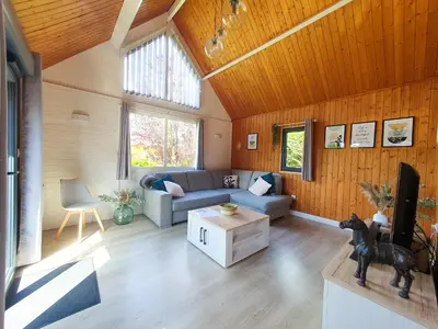 Coin salon dans l'établissement Chalet moderne 6 pers avec piscine l'été