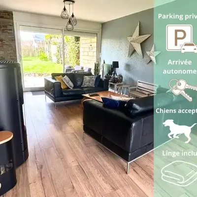 Maison familiale 3 chambres - Jardin clos BBQ linge inclus - Entre Caen & la Mer - Parking - arrivée autonome - professionnels bienvenus