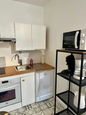 Cuisine ou kitchenette dans l'établissement Appartement deux pièces élégant avec Vue sur Parc - Plage & Centre-Ville à Pied