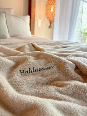 Un ou plusieurs lits dans un hébergement de l'établissement Baldamour Cocon romantique et spa Proche Caen