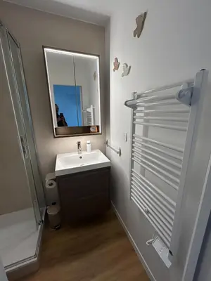Salle de bains dans l'établissement App cosy avec balcon et accés plage