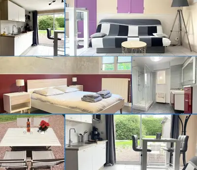 Cuisine ou kitchenette dans l'établissement Normandie Cosy Apt rdc indépendant bien équipé dans maison confortable terrasse grand jardin clos sans vis à vis parking privatif entre Caen et Bayeux, proche plages du débarquement