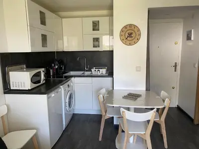 Cuisine ou kitchenette dans l'établissement T2 jardinet, accès direct plage