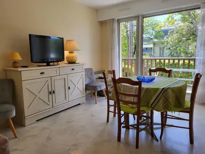 Télévision ou salle de divertissement dans l'établissement Appartement T2 au cœur de Cabourg avec balcon, parking & acceptant animaux - FR-1-465-16