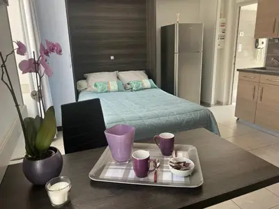 Un ou plusieurs lits dans un hébergement de l'établissement Studio charmant à La Ferrière-aux-Étangs, 27 m², avec Spa
