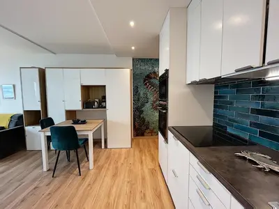 Cuisine ou kitchenette dans l'établissement Charmant T2 en front de mer, 4 pers., ascenseur, garage, Wi-Fi - FR-1-361-383