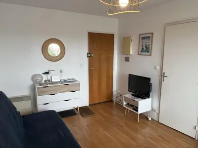 Télévision ou salle de divertissement dans l'établissement Appartement 2 pièces en front de mer avec balcon, à 70m de la plage de Cabourg - FR-1-487-287