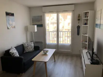 Coin salon dans l'établissement Cabourg: Appartement bord de mer, balcon, internet, parking - FR-1-487-313
