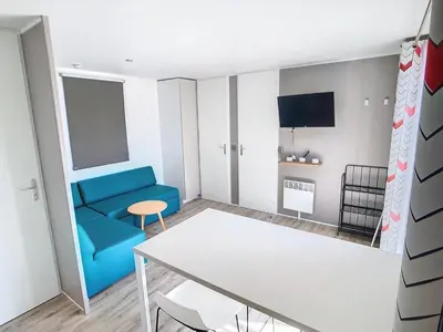 Télévision ou salle de divertissement dans l'établissement Mobil-Home Grand Confort 4 Pers. à 200m de la plage avec piscine chauffée et parking - FR-1-361A-15