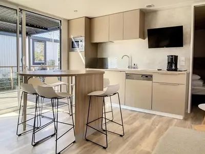 Cuisine ou kitchenette dans l'établissement Mobil-home 3 chambres avec piscine chauffée, proche plage et commerces - FR-1-361A-16