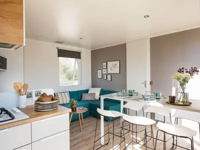 Cuisine ou kitchenette dans l'établissement Mobil-home Grand Confort 6p, 3 Ch, Terrasse, 200m Plage, Piscine, Fitness, Parking, Wifi Inclus - FR-1-361A-29