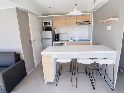 Cuisine ou kitchenette dans l'établissement Mobil-home Grand Confort à 200m de la plage avec piscine chauffée, 4 pers, terrasse, parking - FR-1-361A-21