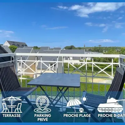 L'air marin Apt avec belle terrasse vue dégagée séjour lumineux 10 mn à pied mer et centre Port en Bessin